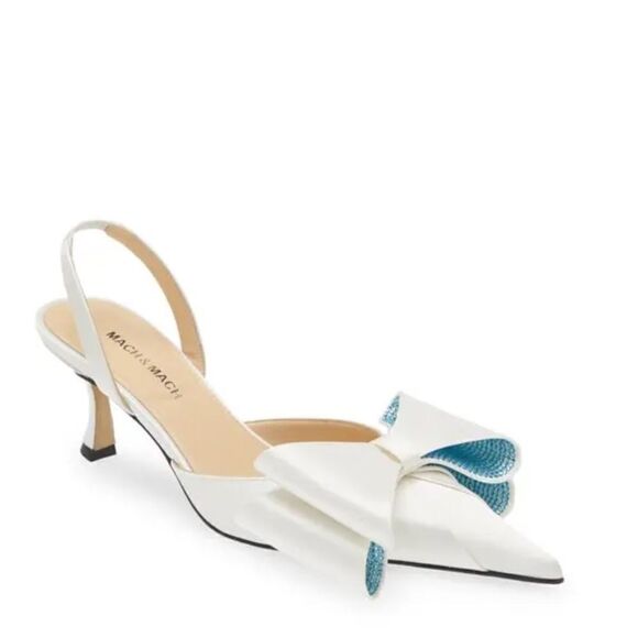 MACH & MACH La Cadeau Bow Pointed Toe Slingback Pump in White (Blue Crystals) - Picture 2 of 9